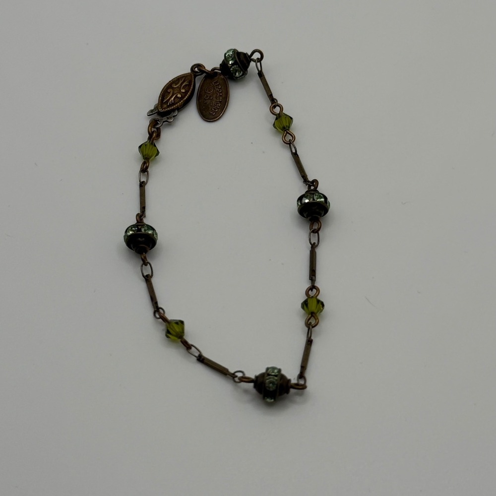 Liz Palacios SF Vintage Style Brass Green Crystal‎ Rhinestone Link Bracelet